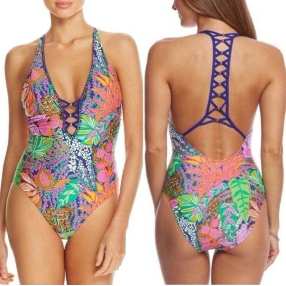 Trina Turk Tropical Floral Lattice Plunge Halter
One-Piece Swimsuit | Size S